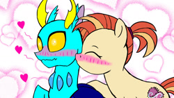 Size: 1280x720 | Tagged: safe, artist:gregory-the-griffon, shimmy shake, oc, changedling, changeling, earth pony, blushing, canon x oc, cheek kiss, heart, kissing, shipping