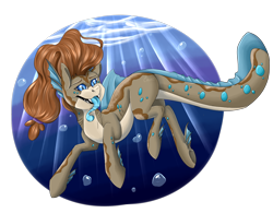 Size: 1412x1102 | Tagged: safe, artist:crecious, oc, oc only, hybrid, merpony, original species, shark, shark pony, blue eyes, brown mane, bubble, crepuscular rays, deviantart watermark, dorsal fin, fangs, obtrusive watermark, ocean, simple background, smiling, solo, sunlight, swimming, teeth, tongue out, transparent background, underwater, water, watermark