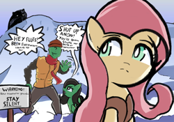 Size: 2388x1668 | Tagged: artist needed, safe, fluttershy, oc, oc:anon, oc:filly anon, bear, earth pony, human, pegasus, pony, art pack:winter wrap pack, winter wrap up, clothes, coat, dialogue, female, filly, foal, hat, looking back, mare, open mouth, scarf, sign, snow, talking, this will end in death, this will end in pain, vest, warning sign, yelling