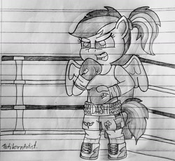 Size: 1280x1178 | Tagged: safe, artist:ct1443ae, rainbow dash, pegasus, semi-anthro, boxing, boxing gloves, boxing ring, boxing shorts, clothes, lined paper, mouth guard, open mouth, pencil drawing, shoes, shorts, solo, sports, traditional art