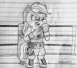 Size: 1280x1120 | Tagged: safe, artist:ct1443ae, applejack, earth pony, semi-anthro, boxing, boxing gloves, boxing ring, boxing shorts, clothes, lined paper, mouth guard, open mouth, pencil drawing, shoes, shorts, solo, sports, traditional art