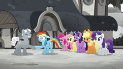 Size: 1920x1080 | Tagged: safe, screencap, applejack, fluttershy, pinkie pie, rainbow dash, rarity, sunny skies, twilight sparkle, alicorn, earth pony, pegasus, pony, unicorn, g4, my little pony: rainbow roadtrip, female, hoofshake, male, mane six, mare, stallion, twilight sparkle (alicorn)