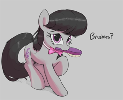 Size: 3674x3000 | Tagged: safe, artist:vultraz, octavia melody, earth pony, pony, g4, bowtie, bronybait, brush, brush request, brushie, cute, female, gray background, hairbrush, high res, looking at you, mare, mouth hold, raised hoof, simple background, smiling, solo, tavibetes, text, too cute