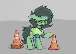 Size: 552x396 | Tagged: safe, artist:plunger, oc, oc only, oc:filly anon, earth pony, pony, angry, bags under eyes, clothes, cone, construction pony, eyebrows, female, filly, floppy ears, foal, looking at you, pun, question mark, raised hoof, safety vest, simple background, solo, traffic cone, wordplay