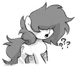 Size: 489x430 | Tagged: safe, artist:plunger, oc, oc only, oc:filly anon, earth pony, pony, confused, earth pony oc, female, filly, foal, gasp, grayscale, hair covering face, hair over eyes, monochrome, open mouth, question mark, simple background, solo, standing, white background