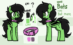 Size: 735x451 | Tagged: safe, artist:plunger, oc, oc only, oc:bats, oc:filly anon, bat pony, pony, abstract background, bat ponified, bat pony oc, bat wings, collar, fangs, female, filly, mare, pony pet, race swap, reference sheet, solo, standing, wings