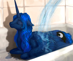 Size: 1574x1319 | Tagged: safe, artist:lusille, princess luna, alicorn, pony, fanfic:moon rise, g4, :t, bath, bathroom, bathtub, beautiful, butt fluff, chest fluff, cute, ear fluff, ethereal mane, eyes closed, fanfic, fanfic art, female, floppy ears, fluffy, leg fluff, lunabetes, lying down, mare, missing accessory, prone, relaxing, shoulder fluff, shower, smiling, solo, starry mane, water, wet, wet mane, wing fluff, wings