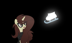 Size: 1527x916 | Tagged: safe, artist:darbypop1, oc, oc only, oc:darby, pony, unicorn, black background, clothes, female, glasses, ice skates, mare, simple background, solo, sweater