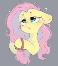 Size: 939x1059 | Tagged: safe, artist:melodylibris, fluttershy, pegasus, pony, g4, :o, bed hair, blushing, brush, brushing, cute, female, floppy ears, gray background, hairbrush, lidded eyes, mare, messy mane, morning ponies, open mouth, shyabetes, simple background, solo, tired eyes