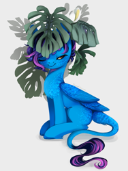 Size: 1051x1400 | Tagged: safe, artist:dammmnation, oc, oc only, pegasus, pony, leonine tail, one eye closed, pegasus oc, plant, simple background, smiling, solo, tail, white background, wings, wink
