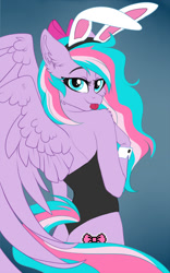 Size: 934x1500 | Tagged: safe, artist:lupulrafinat, oc, oc only, pegasus, anthro, :p, bunny suit, clothes, cuffs (clothes), ear fluff, female, gradient background, implied tail hole, pegasus oc, smiling, solo, tail, tongue out, wings