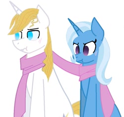 Size: 777x729 | Tagged: safe, artist:decokelow, artist:tech-kitten, prince blueblood, trixie, pony, unicorn, angry horse noises, base used, bluetrix, blushing, clothes, female, furious, horse noises, looking away, male, mare, scarf, seriously, shared clothing, shared scarf, sharing, shipping, simple background, stallion, straight, white background