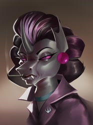 Size: 1390x1871 | Tagged: safe, artist:richmay, oc, changeling, pony, equestria at war mod, bust, changeling oc, changelingified, choker, cigarette, clothes, crossover, ear piercing, earring, jewelry, piercing, ponified, portrait, purple changeling, smoking, species swap, suit, team fortress 2, the administrator, updo