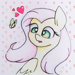 Size: 2145x2145 | Tagged: safe, artist:twiliset, fluttershy, butterfly, pegasus, pony, cute, heart, pencil drawing, simple background, solo, traditional art