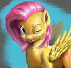 Size: 767x739 | Tagged: source needed, safe, artist:zzugguri, fluttershy, pegasus, pony, g4, cute, haircut, looking at you, one eye closed, shyabetes, simple background, wink, winking at you