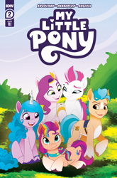 Size: 2063x3131 | Tagged: safe, artist:trish forstner, idw, official comic, hitch trailblazer, izzy moonbow, pipp petals, sunny starscout, zipp storm, earth pony, pegasus, pony, unicorn, g5, my little pony: a new generation, official, spoiler:comic, spoiler:g5comic, spoiler:g5comic02, comic cover, cover, cover art, female, grin, high res, lying down, male, mane five, mane stripe sunny, mare, multicolored mane, my little pony logo, open mouth, open smile, prone, raised hoof, retailer incentive, sitting, smiling, stallion, text