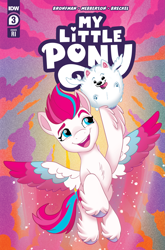 Size: 2063x3131 | Tagged: safe, artist:robin easter, official comic, cloudpuff, zipp storm, dog, flying pomeranian, pegasus, pomeranian, pony, g5, idw, my little pony: a new generation, official, spoiler:comic, spoiler:g5comic, spoiler:g5comic03, colored wings, comic, comic cover, duo, duo male and female, eyebrows, female, flying, high res, male, mare, multicolored wings, my little pony logo, open mouth, open smile, smiling, spread wings, text, tongue out, winged dog, wings