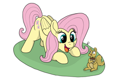 Size: 2530x1651 | Tagged: safe, artist:doodledonutart, fluttershy, pegasus, pony, squirrel, g4, :d, acorn, folded wings, open mouth, open smile, simple background, smiling, solo, white background, wings
