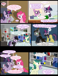 Size: 1042x1358 | Tagged: safe, artist:dendoctor, daring do, grace manewitz, mean twilight sparkle, pinkie pie, starlight glimmer, alicorn, bat pony, earth pony, pegasus, pony, unicorn, comic:clone.., g4, alternate universe, book, clock, clone, clothes, comic, face mask, female, glasses, glowing, glowing horn, hat, horn, magic, male, mask, newspaper, pan, pinkie clone, plate, pointy ponies, quill, telekinesis, twilight sparkle (alicorn), waitress