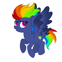 Size: 1800x1800 | Tagged: safe, artist:ponkus, derpibooru exclusive, rainbow dash, pegasus, pony, g4, female, flying, full body, hooves, mare, multicolored mane, multicolored tail, open mouth, open smile, palindrome get, redesign, show accurate, simple background, smiling, solo, spread wings, tail, tail feathers, transparent background, wings