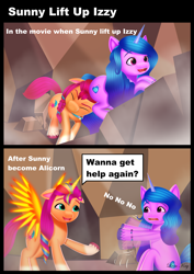 Size: 2480x3508 | Tagged: safe, artist:leonkay, izzy moonbow, sunny starscout, alicorn, earth pony, pony, unicorn, g5, my little pony: a new generation, 2 panel comic, alicorn problems, artificial horn, artificial wings, augmented, comic, female, high res, horn, implications, magic, magic horn, magic wings, mare, race swap, sunnycorn, wings