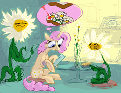 Size: 2732x2093 | Tagged: safe, artist:ja0822ck, oc, oc only, pony, unicorn, animate plant, crying, daffodil and daisy sandwich, daisy (flower), diplomacy, flower, food, food chain, herbivore, herbivore vs animate plant, high res, lunch, mouth watering, sandwich