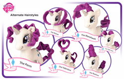 Size: 2500x1618 | Tagged: safe, rarity, pony, unicorn, g4, official, alternate hairstyle, beehive hairdo, bun, concept art, hairstyle, irl, merchandise, mohawk, my little pony logo, pampered pony, perm, photo, plushie, rachel green, solo, toy, updo