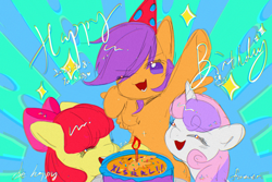 Size: 1800x1200 | Tagged: safe, artist:li-84, apple bloom, scootaloo, sweetie belle, earth pony, pegasus, pony, unicorn, armpits, birthday cake, cake, cutie mark crusaders, female, filly, foal, food, hat, party hat