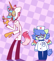 Size: 1973x2237 | Tagged: safe, artist:spritecranbirdie, oc, oc only, oc:dr rainbowz, oc:nurse luvz, pegasus, pony, undead, unicorn, zombie, zombie pony, anthro, anorexic, anthro oc, beard, checkered background, clothes, coat, colored wings, doctor, duo, face mask, facial hair, female, gloves, hat, heart, heart eyes, lab coat, long tongue, male, mask, multicolored wings, needle, no pupils, nurse, nurse hat, nurse outfit, patterned background, rainbow, sharp teeth, stitches, syringe, teeth, tongue out, unkempt mane, wingding eyes, wings