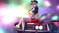 Size: 1920x1080 | Tagged: safe, artist:anthroponiessfm, oc, oc only, oc:audina puzzle, unicorn, anthro, plantigrade anthro, 3d, anthro oc, car, clothes, cosplay, costume, crossed legs, cute, ear piercing, earring, female, glasses, hoodie, jewelry, piercing, shoes, shorts, solo, source filmmaker