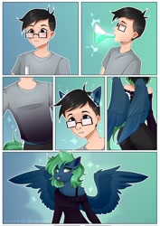 Size: 1448x2048 | Tagged: safe, artist:buvanybu, oc, oc only, oc:emerald, human, pegasus, anthro, clothes, comic, commission, female, human to anthro, male, male to female, potion, rule 63, solo, sparkles, transformation, transgender transformation