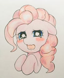 Size: 1678x2048 | Tagged: safe, artist:auntie_grub, pinkie pie, earth pony, pony, g4, blushing, crying, cute, diapinkes, female, looking at you, mare, open mouth, sad, sadorable, solo, teary eyes, traditional art