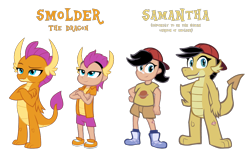 Size: 1100x700 | Tagged: safe, artist:tarkan809, smolder, dragon, human, g4, clothes, dragonified, duo, duo female, female, humanized, samantha, simple background, species swap, transparent background, vector