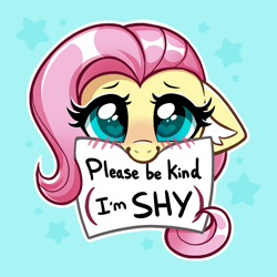 Size: 2000x2000 | Tagged: safe, artist:confetticakez, fluttershy, pegasus, pony, g4, blue background, blushing, cute, female, floppy ears, heart eyes, high res, hnnng, mare, mouth hold, shy, shyabetes, sign, simple background, solo, stars, wingding eyes