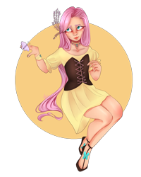 Size: 4000x5000 | Tagged: safe, artist:altarichiru, fluttershy, butterfly, human, g4, bracelet, clothes, corset, cute, daaaaaaaaaaaw, dress, feet, female, flower, flower in hair, humanized, jewelry, necklace, shoes, shyabetes, simple background, solo, transparent background
