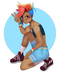 Size: 4000x5000 | Tagged: safe, artist:altarichiru, rainbow dash, human, g4, absurd resolution, alternate hairstyle, alternative cutie mark placement, belt, clothes, cutie mark on human, cutie mark tattoo, dark skin, ear piercing, earring, female, grin, humanized, jewelry, nail polish, peace sign, piercing, rainbow flat, shoes, shorts, shoulder cutie mark, simple background, sneakers, socks, solo, sports bra, tattoo, tomboy, transparent background, undercut