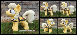 Size: 3840x1754 | Tagged: safe, artist:peruserofpieces, oc, oc only, oc:carousel, earth pony, pony, beanie (plushie), female, harness, irl, mare, photo, plushie, smiling, solo, standing, tack