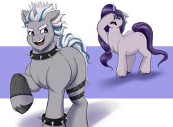 Size: 2455x1800 | Tagged: safe, artist:sallylla, alphabittle blossomforth, oc, oc:mallow mist, pony, unicorn, g5, my little pony: a new generation, alternate hairstyle, butt freckles, choker, chubby, clothes, drama queen, duo, dyed mane, eyebrows, eyes closed, facehoof, female, fishnets, floppy ears, freckles, frustrated, gloves, hairband, hooves, horn, i've failed as a parent, it's a phase, it's not a phase, leather straps, leg band, looking at someone, looking back, male, mare, mother, mother and child, mother and son, mothers gonna mother, open mouth, open smile, parent, punk, raised hoof, rebel, rebellious teen, simple background, smiling, smug, spiked choker, spiked wristband, stallion, standing, tail, teenager, teeth, unicorn oc, unshorn fetlocks, walking, wristband, younger