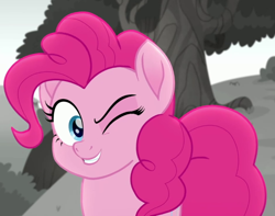 Size: 624x491 | Tagged: safe, screencap, pinkie pie, g4, my little pony: rainbow roadtrip, cropped, one eye closed, solo, wink