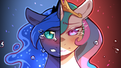 Size: 1280x724 | Tagged: safe, artist:cold-blooded-twilight, princess celestia, princess luna, alicorn, pony, blushing, crown, crying, duo, eyeshadow, female, gritted teeth, jewelry, looking at you, makeup, mare, regalia, slit pupils, split screen, teeth