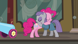 Size: 1280x720 | Tagged: safe, screencap, maud pie, pinkie pie, earth pony, pony, g4, season 6, the gift of the maud pie, duo, duo female, female, hug, mare, sibling love, sisterly love, smiling, when she smiles