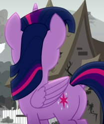 Size: 574x685 | Tagged: safe, screencap, twilight sparkle, alicorn, pony, rainbow roadtrip, butt, butt focus, cropped, female, folded wings, mare, outdoors, plot, solo, twibutt, twilight sparkle (alicorn), wings
