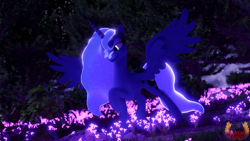 Size: 3840x2160 | Tagged: safe, artist:loveslove, princess luna, alicorn, butterfly, pony, g4, 3d, blurry background, butterfly on nose, female, flower, forest, glowing, glowing mane, glowing tail, high res, horn, insect on nose, looking at someone, mare, night, night sky, raised hoof, sky, smiling, solo, source filmmaker, spread wings, stars, tail, wings