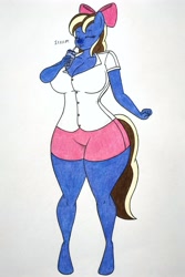 Size: 2368x3548 | Tagged: safe, artist:thaliaglacyswells, oc, oc:sundae shake, anthro, blueberry inflation, breasts, clothes, female, high res, imminent inflation, milkshake, sequence, solo, traditional art, turning blue