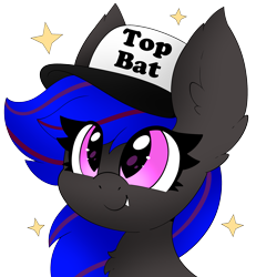 Size: 2515x2727 | Tagged: safe, artist:pegamutt, oc, oc only, oc:ebony rose, bat pony, chest fluff, clothes, commission, commissioner:wolfgangrd, ear tufts, eyelashes, fangs, hat, high res, simple background, solo, top bat, transparent background