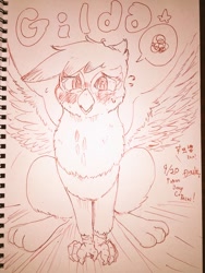 Size: 768x1024 | Tagged: safe, artist:auntie_grub, gilda, griffon, g4, female, japanese, looking at you, sitting, solo, speech bubble, spread wings, sweat, traditional art, wings