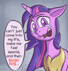 Size: 1851x1914 | Tagged: safe, artist:exedrus, derpibooru exclusive, twilight sparkle, alicorn, pony, g4, the last problem, burger king, context is for the weak, crying, dialogue, featured image, female, floppy ears, jewelry, looking at you, meme, older, older twilight, older twilight sparkle (alicorn), peytral, ponified meme, princess twilight 2.0, regalia, shitposting, simple background, solo, twilight burgkle, twilight sparkle (alicorn), wall smath, wat