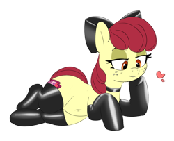 Size: 1200x975 | Tagged: safe, artist:pabbley, color edit, edit, apple bloom, earth pony, pony, bedroom eyes, belly button, bow, choker, clothes, colored, female, floating heart, freckles, hair bow, heart, latex, latex socks, lidded eyes, lying down, mare, older, older apple bloom, raised hoof, raised leg, simple background, sketch, smiling, socks, solo, transparent background