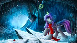 Size: 5000x2813 | Tagged: safe, artist:atlas-66, oc, oc only, oc:astral wind, alicorn, pony, alicorn oc, cave, clothes, horn, plow, scarf, shovel, snow, snowfall, solo, wings