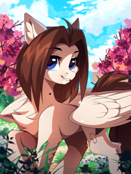 Size: 2300x3064 | Tagged: safe, artist:redchetgreen, oc, oc only, oc:natea, pegasus, pony, cheek fluff, chest fluff, concave belly, grass, high res, looking at you, outdoors, partially open wings, raised hoof, slender, smiling, smiling at you, solo, tattoo, thin, tree, wings